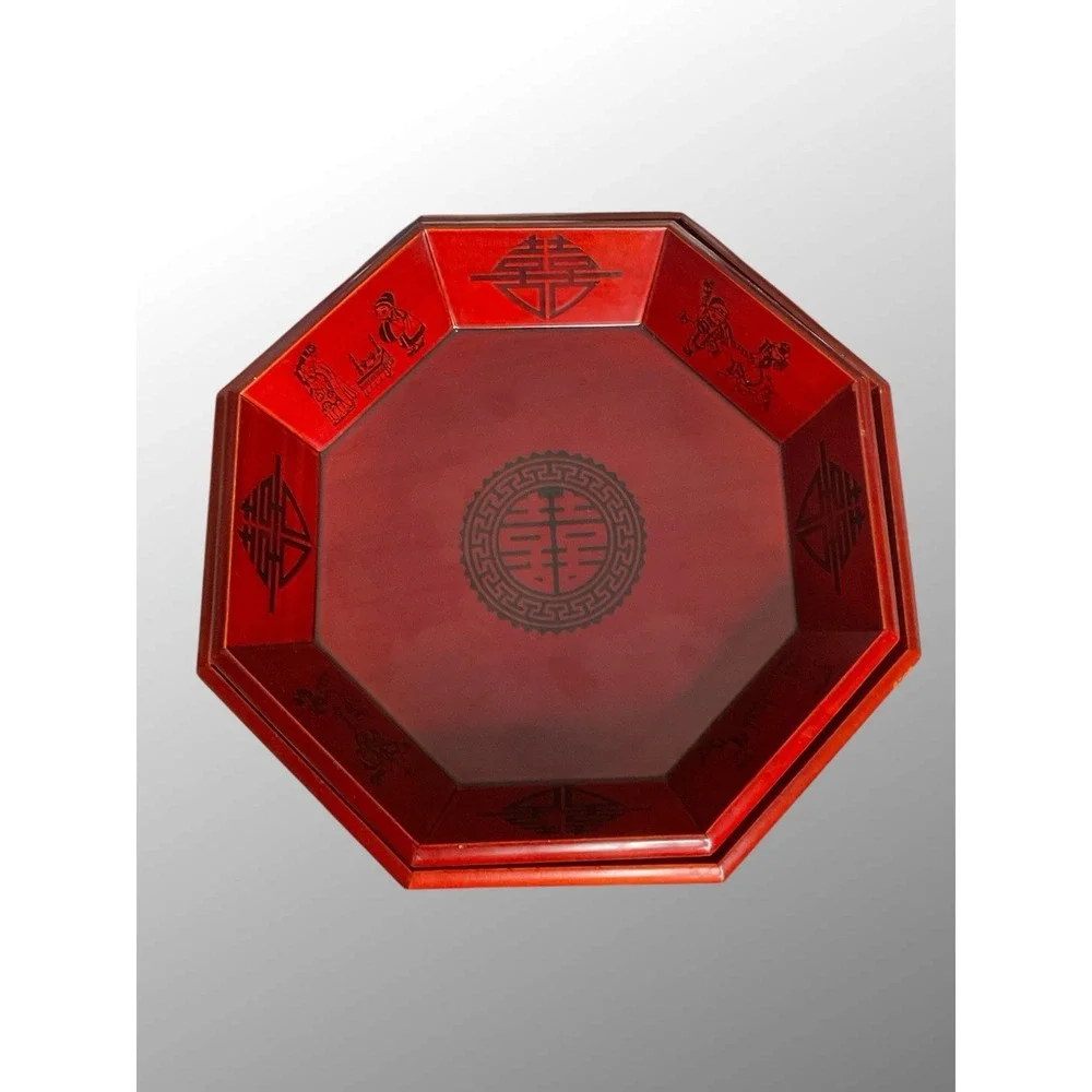 Vintage Korean Red Octagon Wooden Stack Serving Platter Trays Bowl Set Of‎ 2